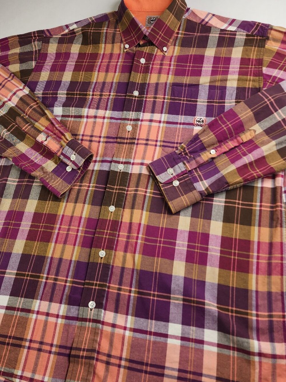 Cinch Men’s M Salmon Brown Purple Plaid Button Down Long Sleeve Rodeo Cowboy